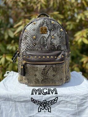 MCM Visetos Snakeskin Studded Leather Backpack